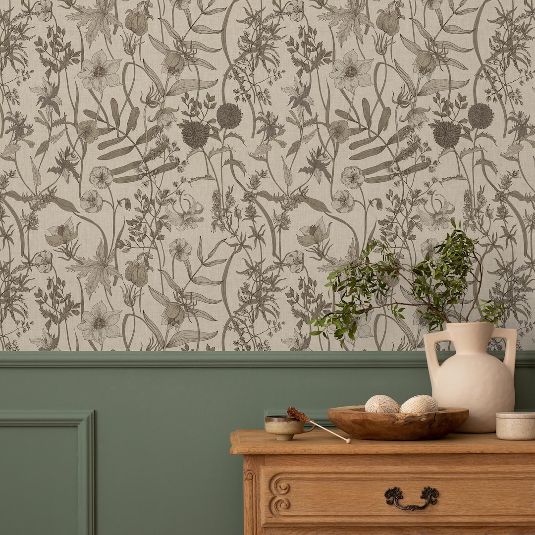 Botanical Wallpaper Featuring a Vintage Wildflower Meadow in Brown and ...