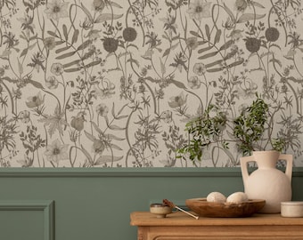May include: A beige wallpaper with a repeating pattern of botanical illustrations in shades of brown and gray. The image also shows a wooden dresser with a vase, bowl, and other decorative items.