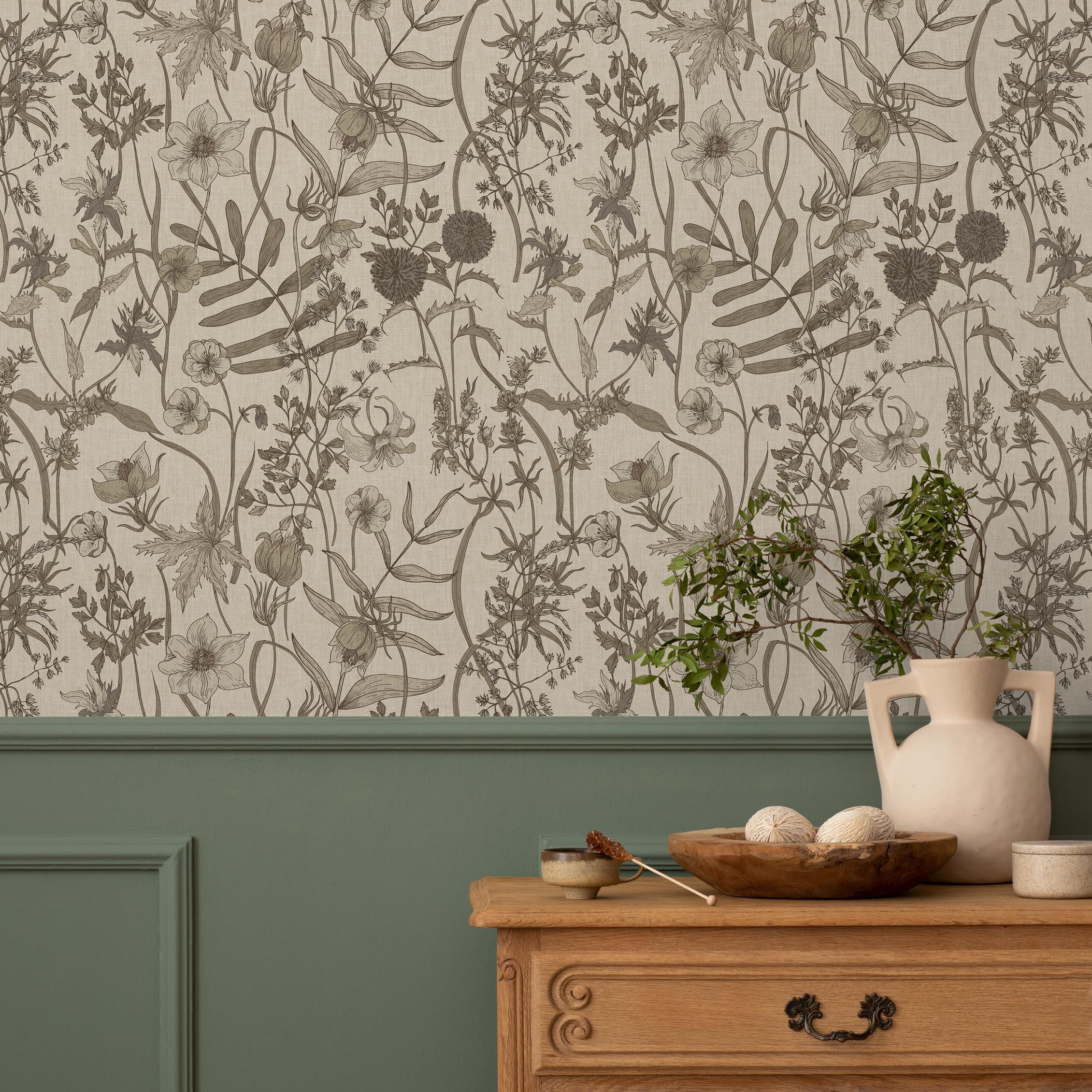 Botanical Wallpaper Featuring a Vintage Wildflower Meadow in Brown and ...