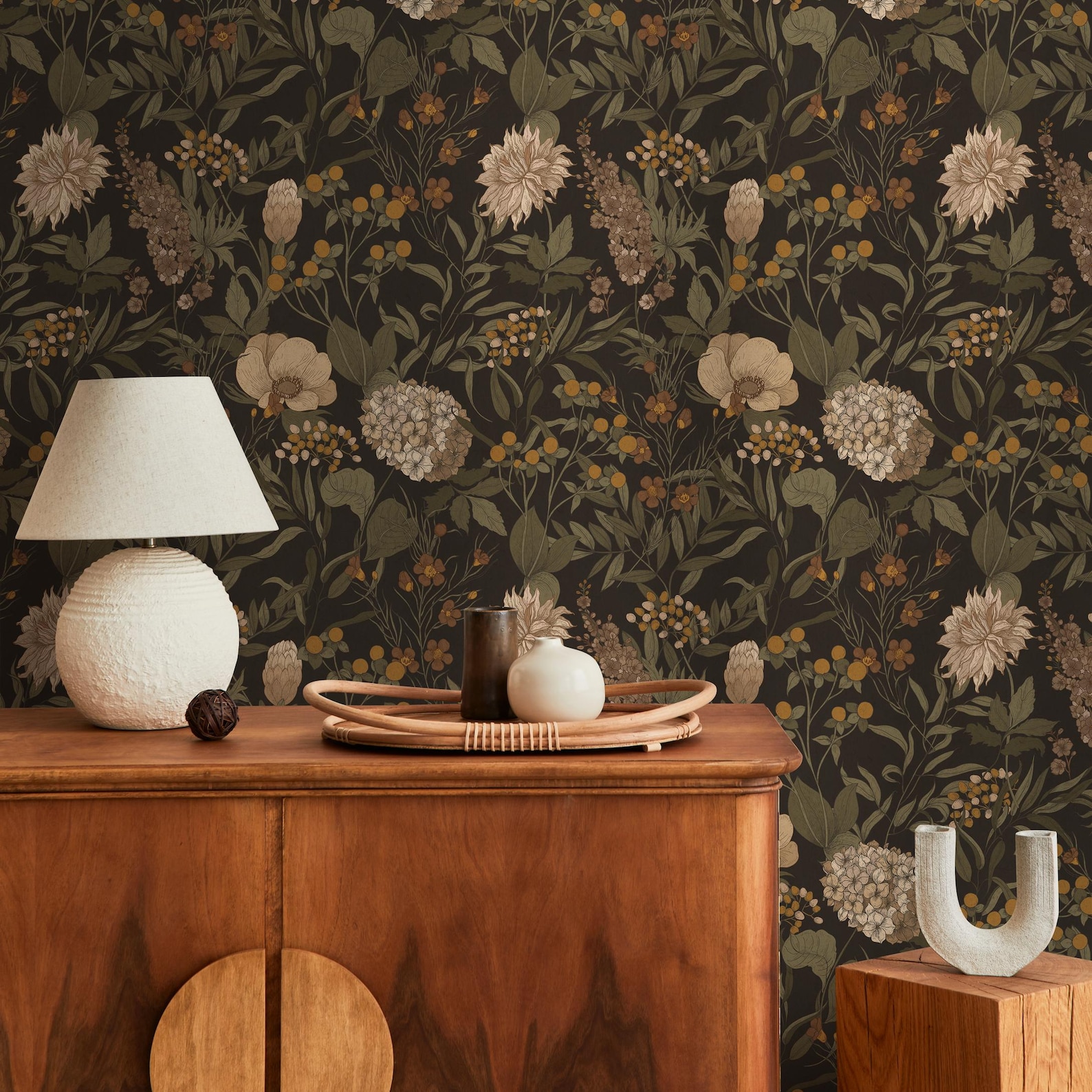 Botanical Wallpaper With a Vintage Wildflower Illustration in Green ...