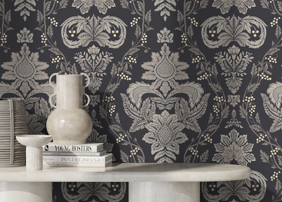 Dark Floral Damask Wallpaper / Victorian Wallpaper / Dark Vintage / Luxury Baroque - D225