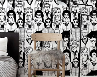 Black and White Faces Removable Wallpaper Scandinavian Wallpaper Peel and Stick Wallpaper Wall Paper - B295