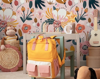 Floral Tapete in Rosa, Gelb, und Petrol auf Creme - Schälen und aufkleben - B303