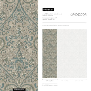 Damask Wallpaper with an Intricate Paisley Motif in Teal, Sage Green, and Beige - E525 image 6