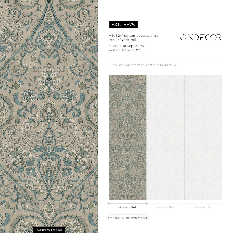Damask Wallpaper with an Intricate Paisley Motif in Teal, Sage Green, and Beige - E525 image 6