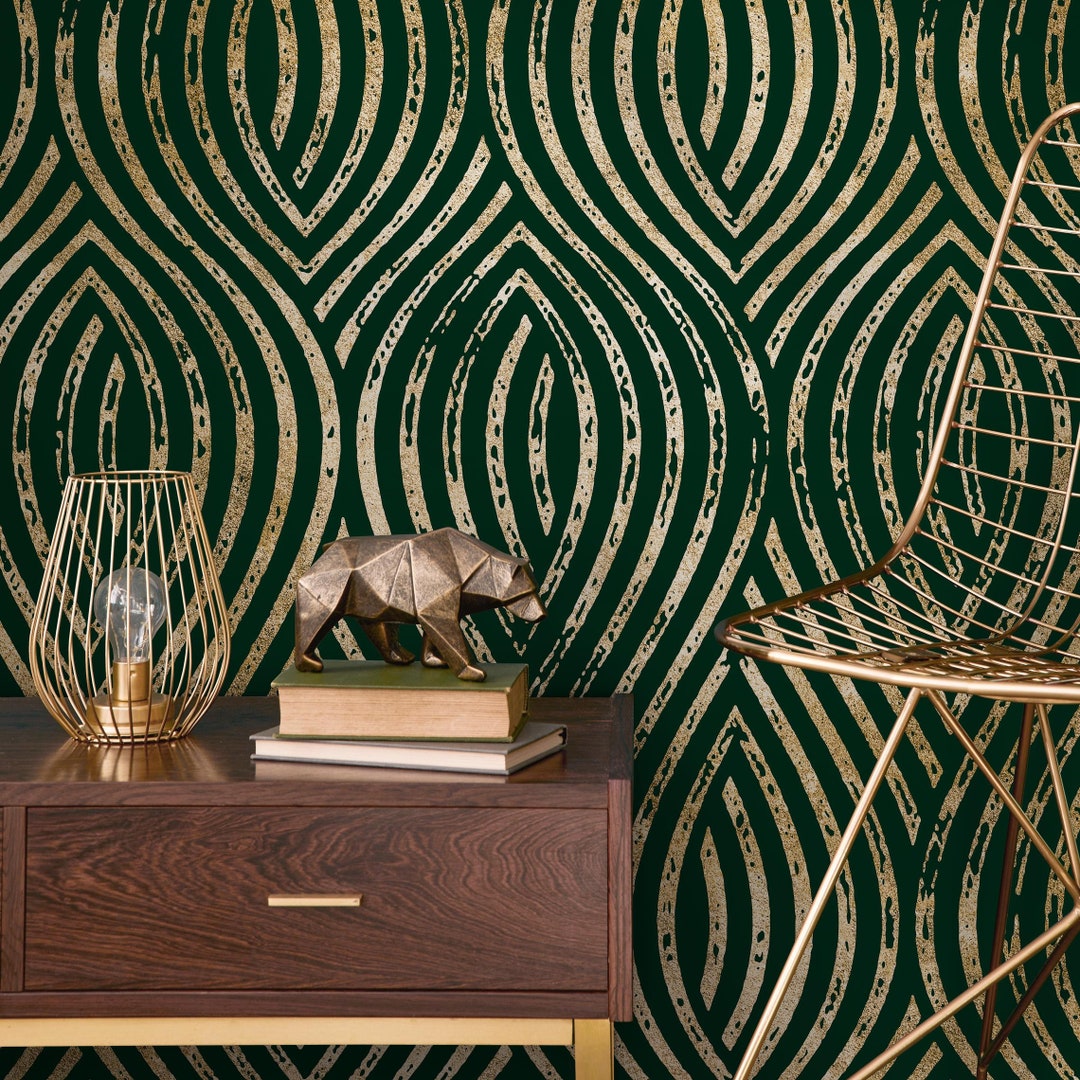 Green and Gold Modern Wallpaper / Peel and Stick Wallpaper Removable ...