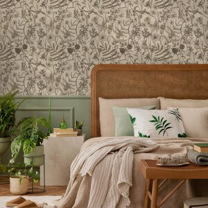 Botanical Wallpaper Featuring a Vintage Wildflower Meadow in Brown and ...