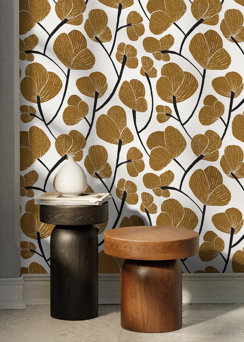 Mustard Yellow Floral Wallpaper / Peel and Stick Wallpaper - Etsy