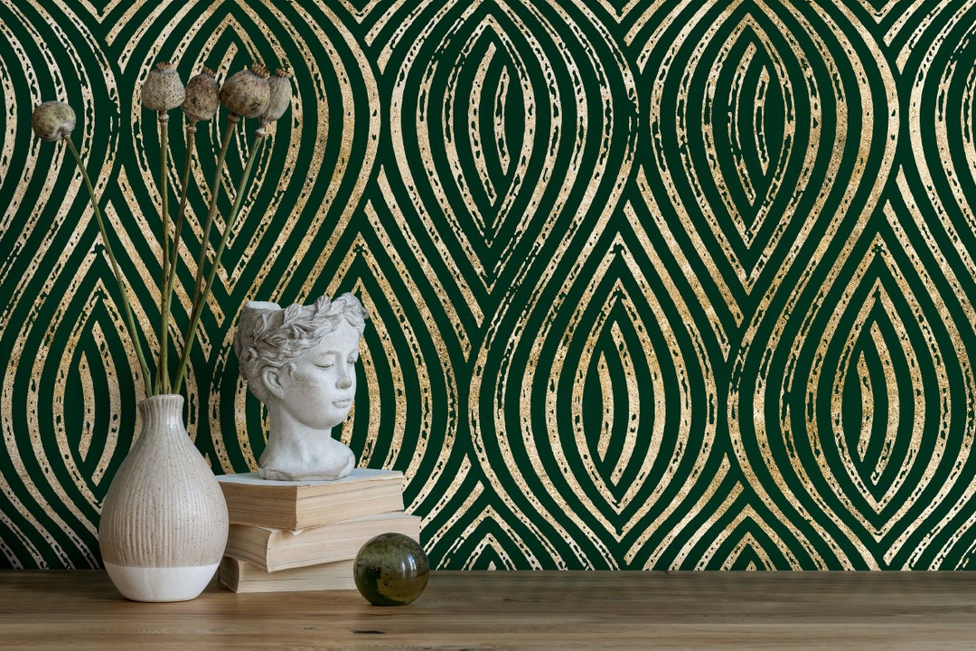 Green and Gold Modern Wallpaper / Peel and Stick Wallpaper Removable