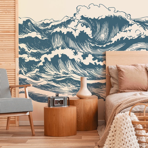 Removable Wallpaper Scandinavian Peaceful Wallpaper Waves Wallpaper Peel and Stick Wallpaper Wall Paper Mural - B256