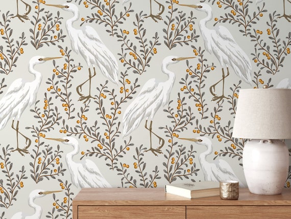 Neutral Floral Cranes Birds Wallpaper / Peel and Stick Wallpaper Removable Wallpaper Home Decor Wall Art Wall Decor Room Decor - D073