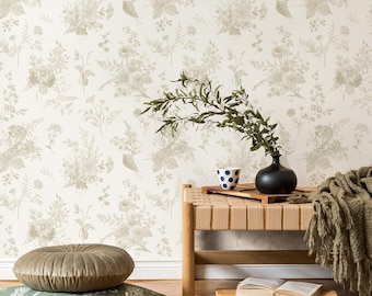 French Country Wallpaper Vintage Botanical Foliage Wallpaper Bedroom Wildflower Peel and Stick Wallpaper Victorian Neutral Wallpaper - E010
