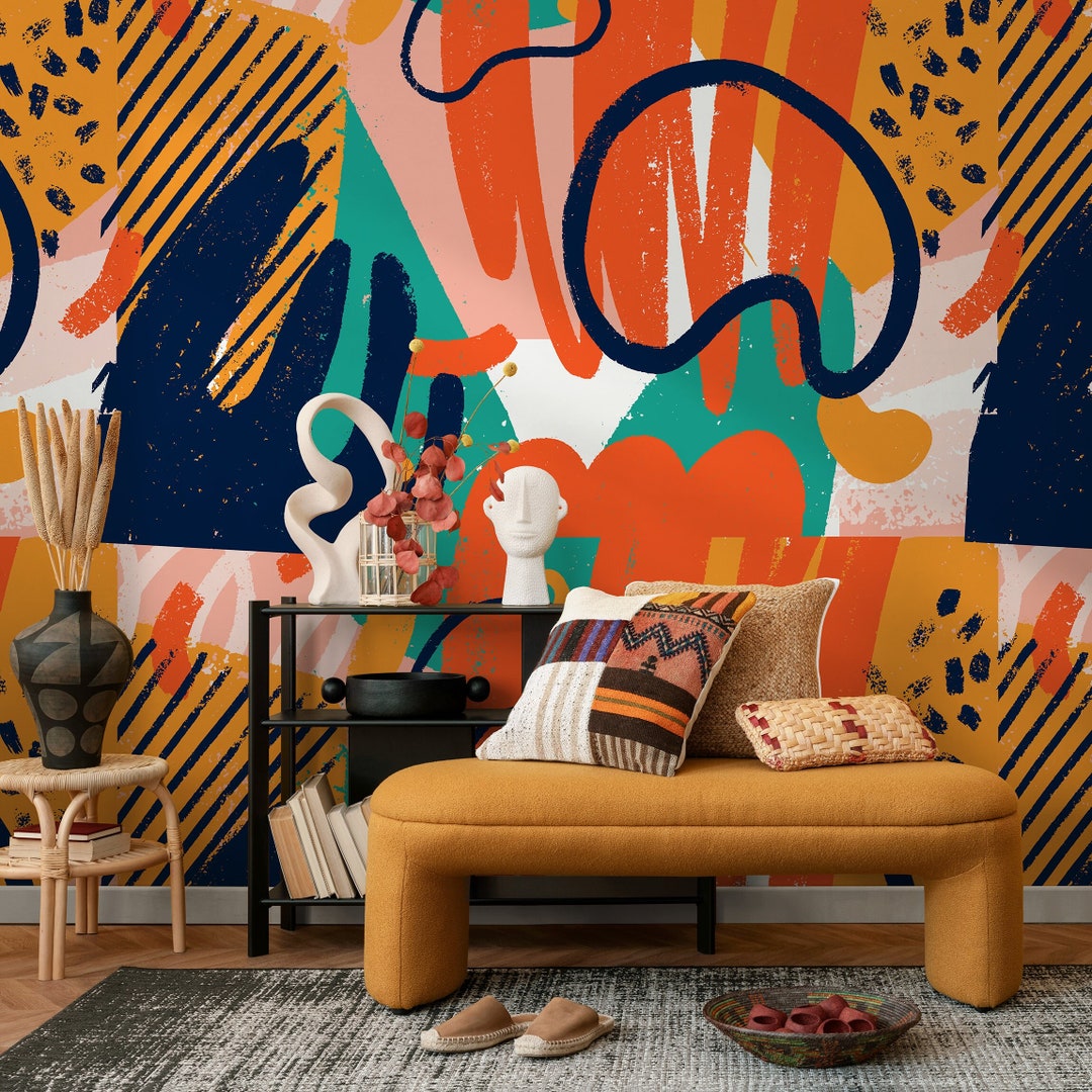 Abstract Wallpaper in Dark Blue, Orange, and Yellow on Cream - Peel and ...