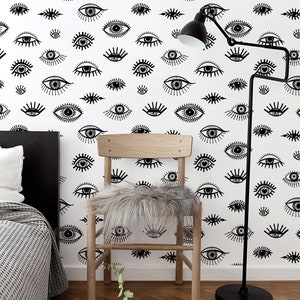 Removable Wallpaper, Scandinavian Wallpaper, Minimalistic Wallpaper, Peel and Stick Wallpaper, Black and White Eyes Wallpaper - B027
