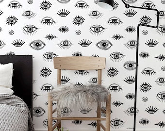 Removable Wallpaper, Scandinavian Wallpaper, Minimalistic Wallpaper, Peel and Stick Wallpaper, Black and White Eyes Wallpaper - B027