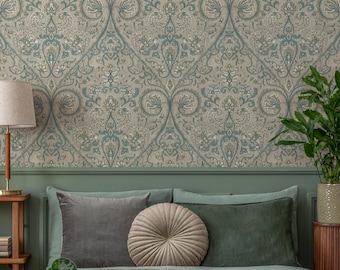 Damask Wallpaper with an Intricate Paisley Motif in Teal, Sage Green, and Beige - E525