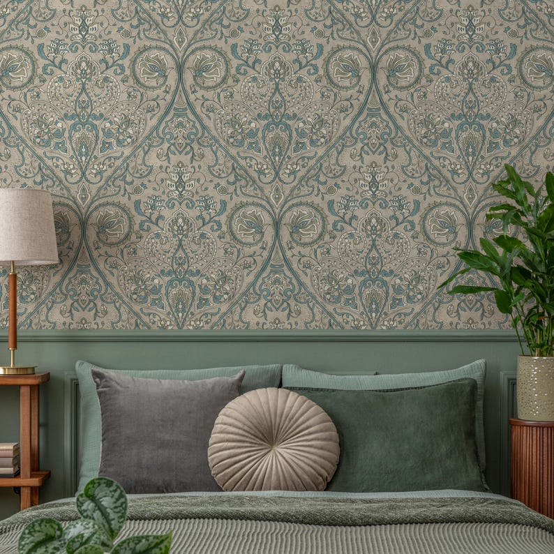 Damask Wallpaper with an Intricate Paisley Motif in Teal, Sage Green, and Beige - E525 image 1
