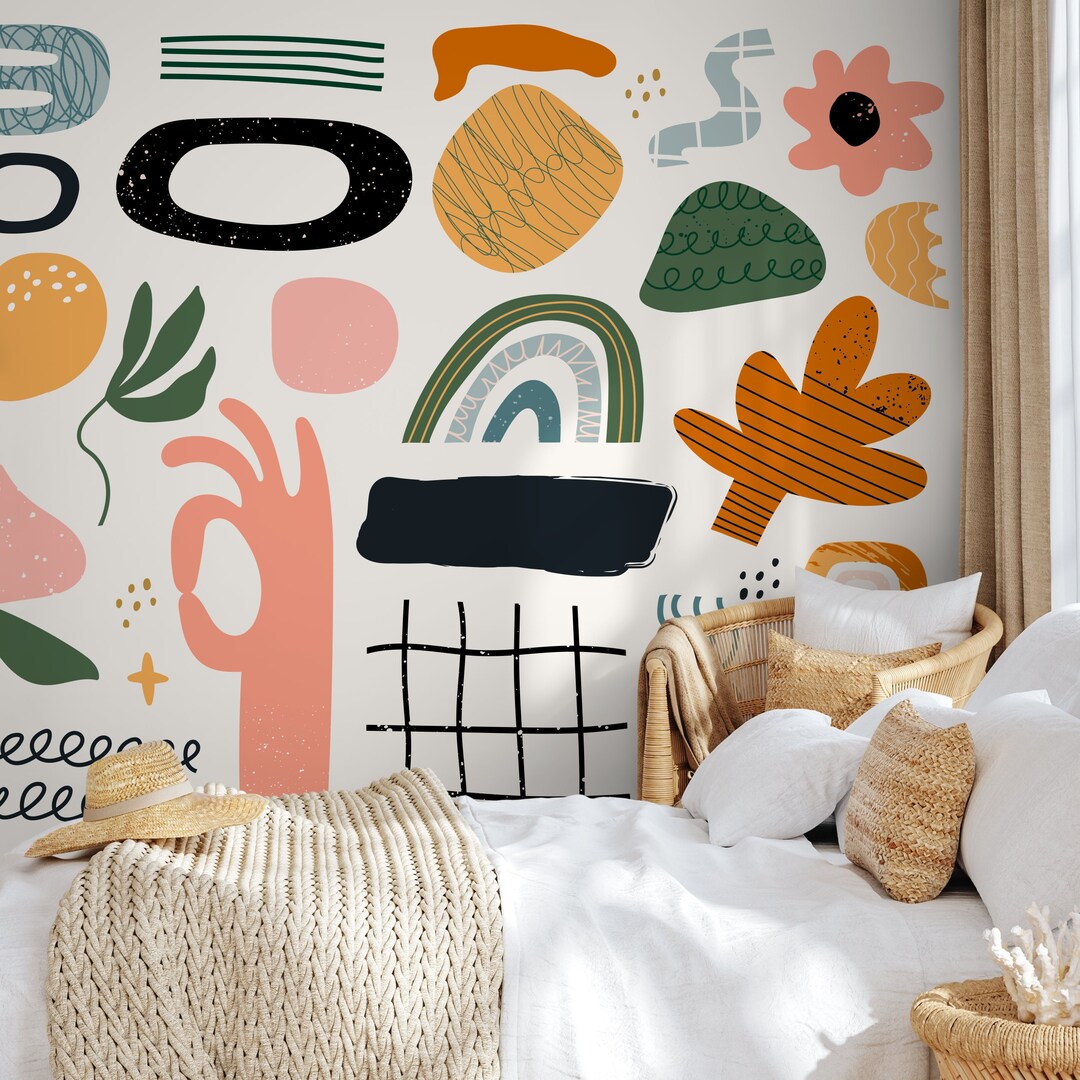Modern Abstract Wallpaper in Black, Orange, and Green on Black - Peel ...