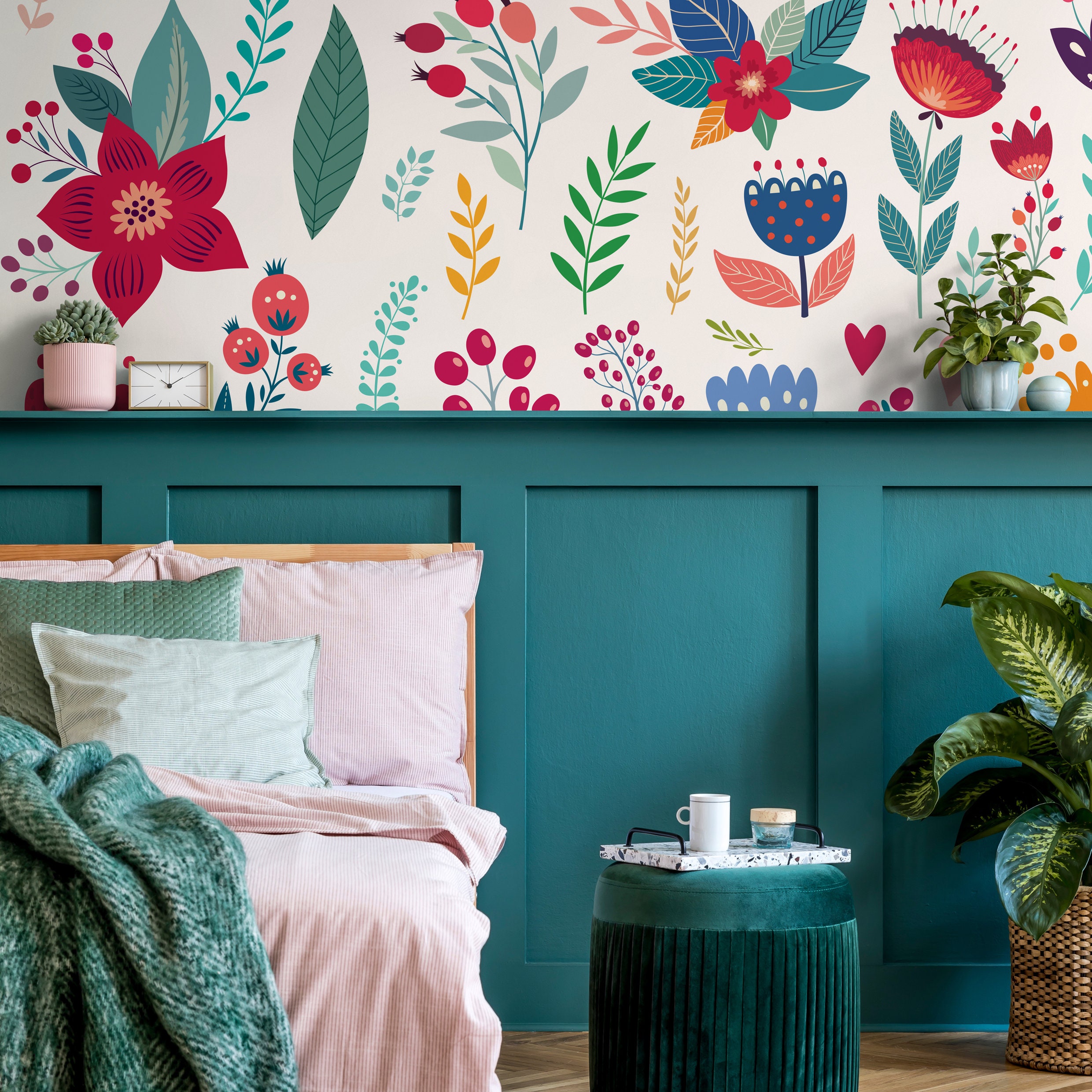 Floral Bazaar Peel-and-Stick Tapete – Grün & Blau, Blumiges Fliesenmuster, 20,5 Zoll X 18 Fuß, Von Society Social X WallPops