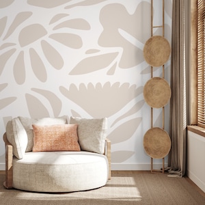 Neutral Abstract Wallpaper Boho Flora Mural Peel and Stick and Traditional Wallpaper - D671