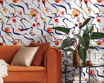 Abstract Wallpaper with Wavy Lines and Dots in Navy, Red, and Orange - B708