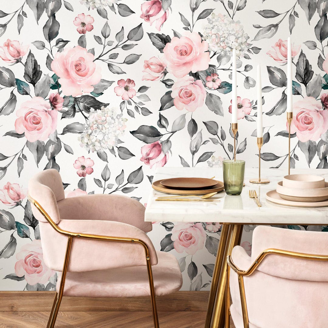 Floral Wallpaper With Watercolor Roses in Pink and Grey - B413 - Etsy ...