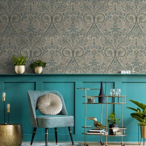 Damask Wallpaper with an Intricate Paisley Motif in Teal, Sage Green, and Beige - E525 image 5