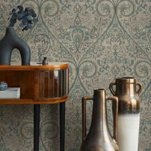 Damask Wallpaper with an Intricate Paisley Motif in Teal, Sage Green, and Beige - E525 image 4