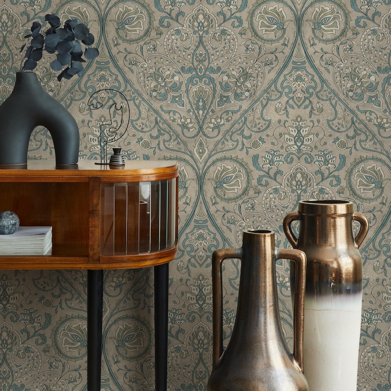 Damask Wallpaper with an Intricate Paisley Motif in Teal, Sage Green, and Beige - E525 image 4