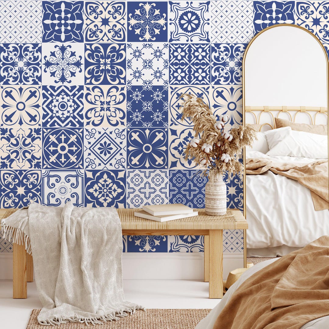 Portuguese Tiles Navy White Wallpaper B801 Etsy UK