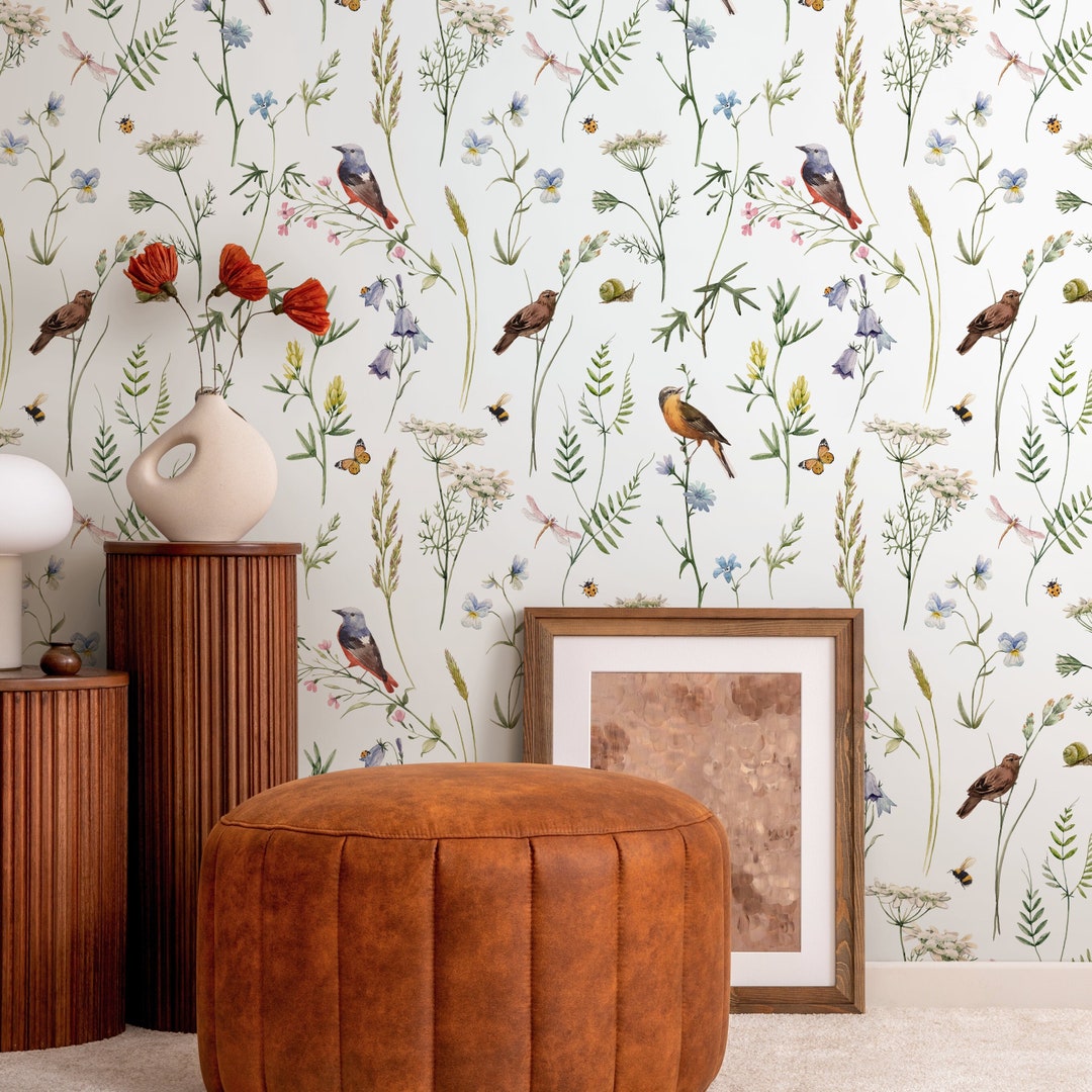 Botanical Wallpaper in Green, Blue, and Orange on White - Peel and ...