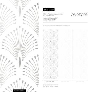 May include: A silver and white geometric pattern wallpaper with a repeating design of stylised fan shapes. The pattern repeats every 61 cm. The wallpaper is available in a 61 cm wide roll.