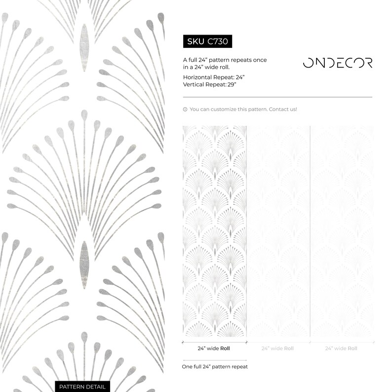 May include: A silver and white geometric pattern wallpaper with a repeating design of stylised fan shapes. The pattern repeats every 61 cm. The wallpaper is available in a 61 cm wide roll.