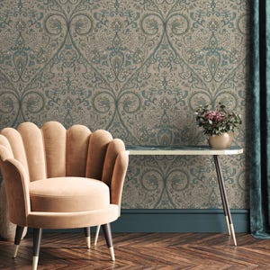 Damask Wallpaper with an Intricate Paisley Motif in Teal, Sage Green, and Beige - E525 image 3
