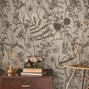 Botanical Wallpaper Featuring a Vintage Wildflower Meadow in Brown and ...