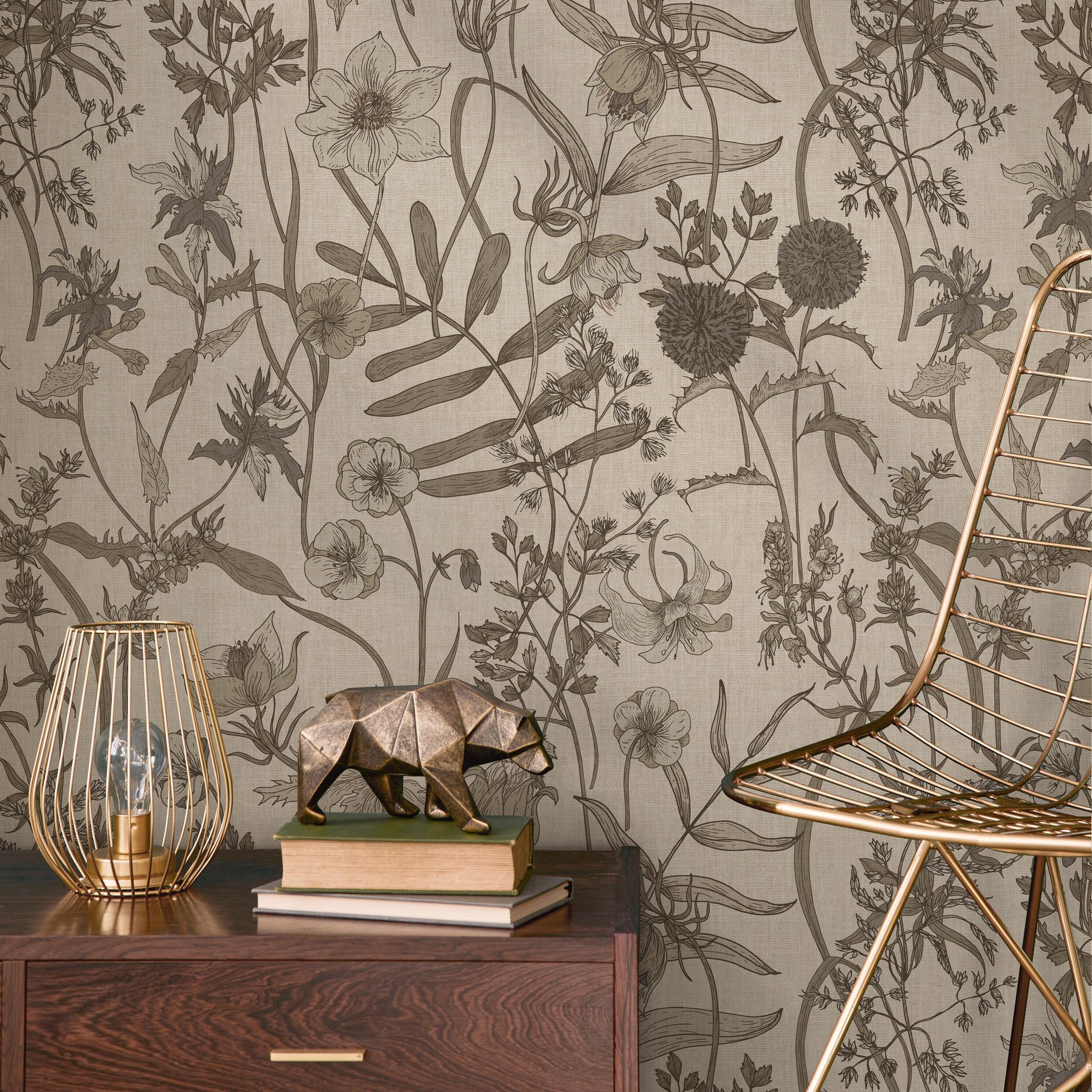 Botanical Wallpaper Featuring a Vintage Wildflower Meadow in Brown and ...