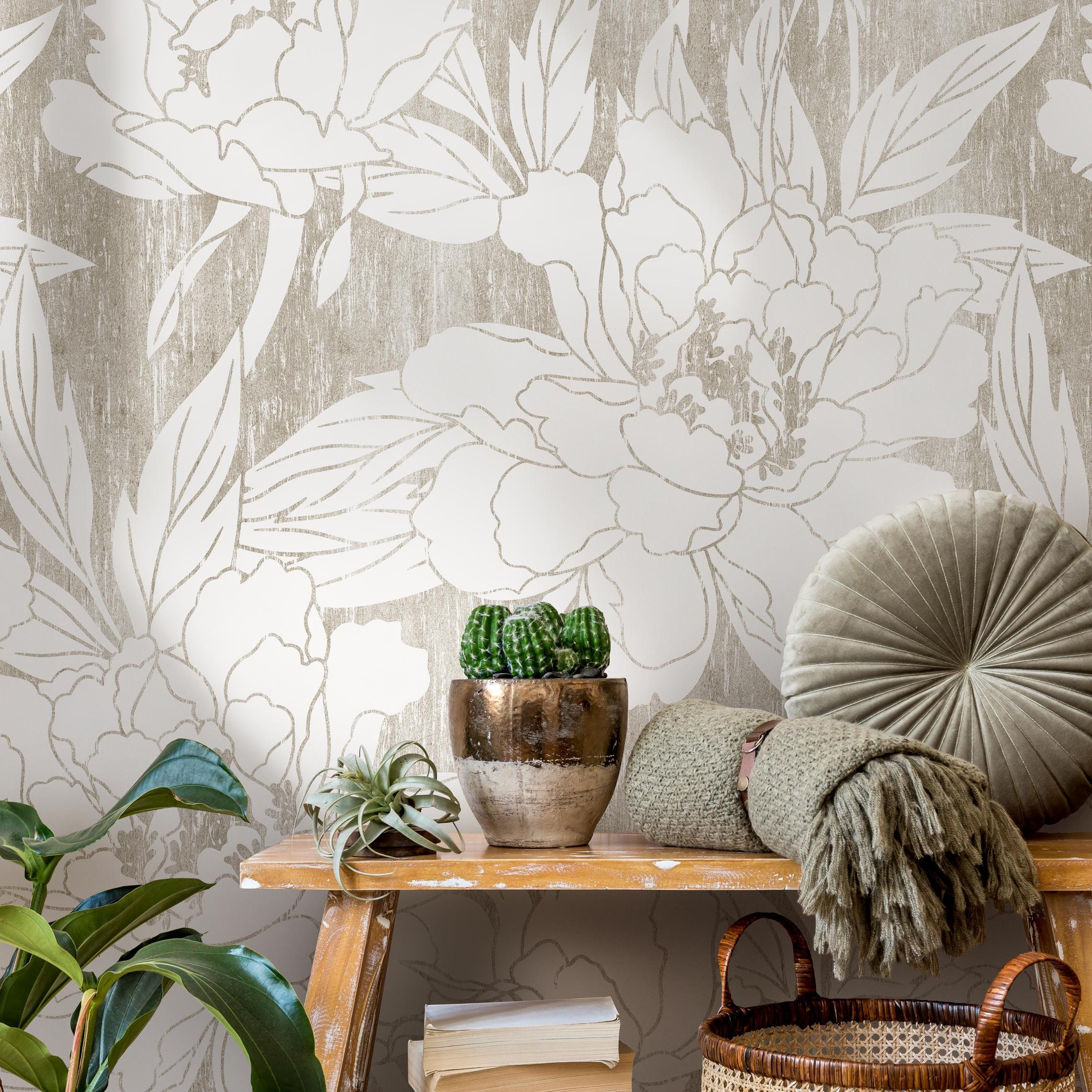 Beige Vintage Floral Wallpaper / Peel and Stick Wallpaper Removable ...