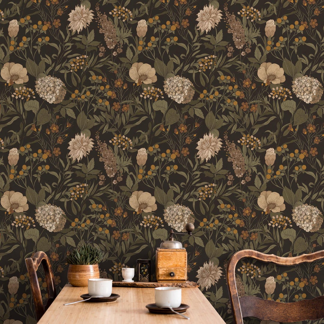 Botanical Wallpaper With a Vintage Wildflower Illustration in Green ...