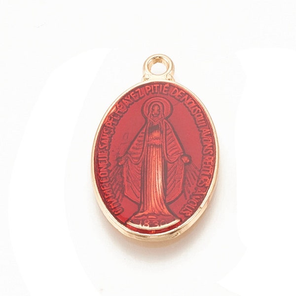 1 pendentif médaillon religieux laiton doré émail rouge