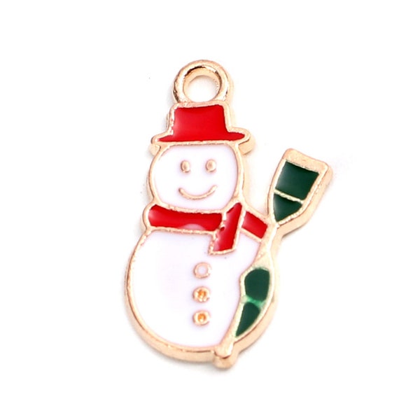 1 pendentif Noël bonhomme de neige en métal doré et émail vert rouge et blanc