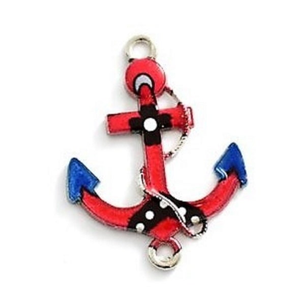 1 connecteur pendentif ancre marine argentée émail bleue et rouge