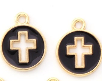2 pendentifs croix noire 15 mm métal doré