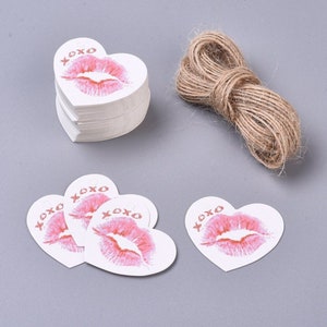 10 étiquettes cadeaux Noël Saint Valentin coeur blanc bouche rose message Xoxo