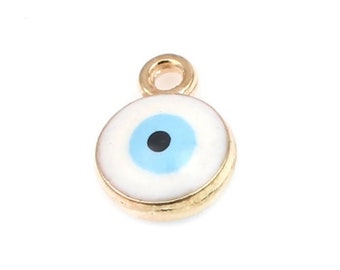 1 pendentif 9 mm oeil métal doré émail blanche et bleue