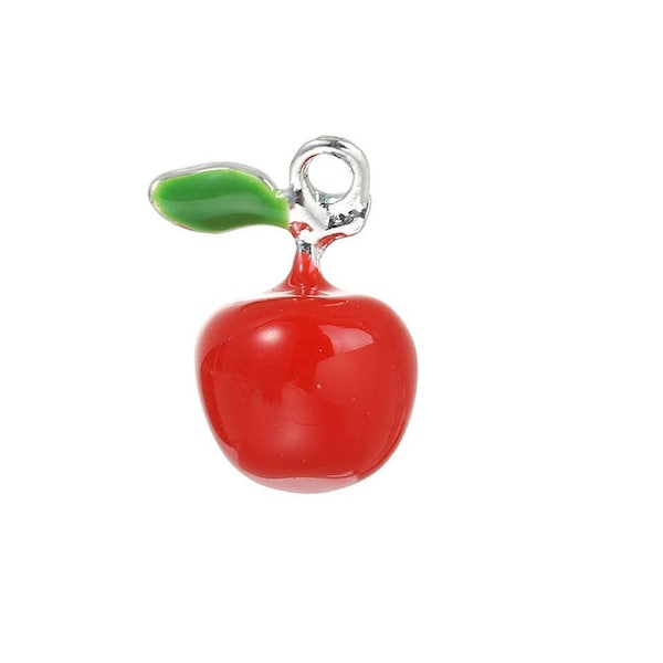 1 pendentif pomme 15 mm métal argenté émail rouge et vert