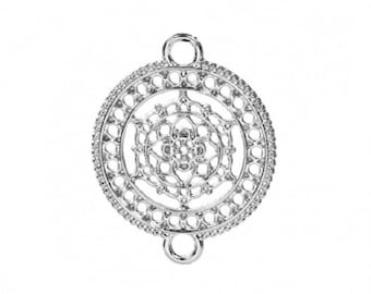 1 flat round connector 29 mm silver metal filigree zen flower pattern