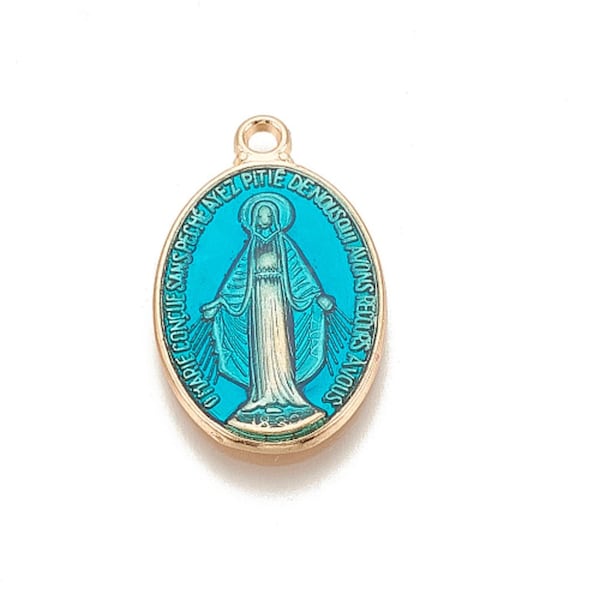 1 pendentif médaillon religieux laiton doré émail bleu vert