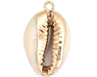 1 pendentif coquillage 25 mm gros cauris beige et doré