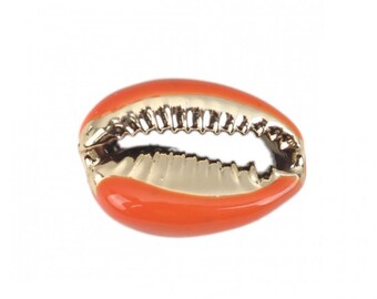 1 cowrie shell bead 15 mm natural galvanized gold orange enamel
