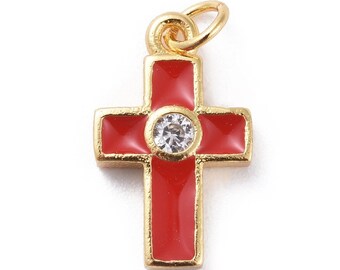 1 croix pendentif religieux métal doré émail rouge strass cristal